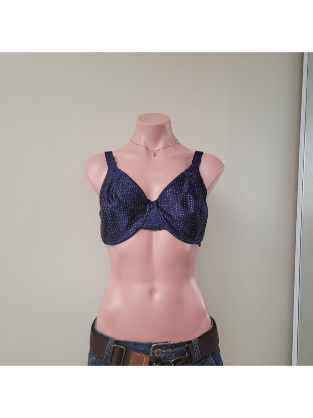 Navy Blue Polka Dot Lace Ribbon Wire Padded Bra Top (One Size)